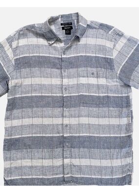 BRUNO'S Men's Blue & White Striped Linen Blend Button-Down Shirt, XL
